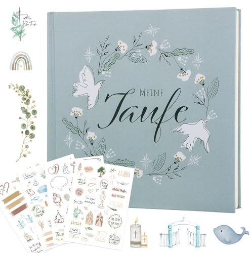 BOFUNX Gästebuch Meine Taufe 60 Seiten Erinnerungsbuch Taufbuch für Junge Mädchen mit 4 Blätter Stickerbögen für Taufe Taufgeschenk Taufalbum Partydeko
