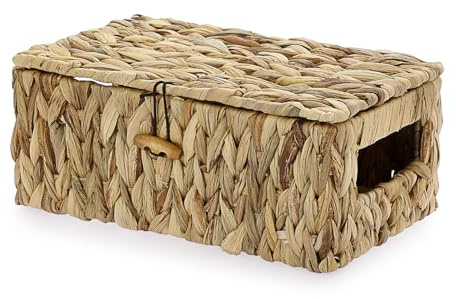 OGANAZI Cajas de mimbre de jacinto de agua natural, cestas de almacenamiento de mimbre tejido con tapas, cestas de almacenamiento para baño, dormitorio, cocina, oficina, 31 x 18 x 16 cm (mediana)