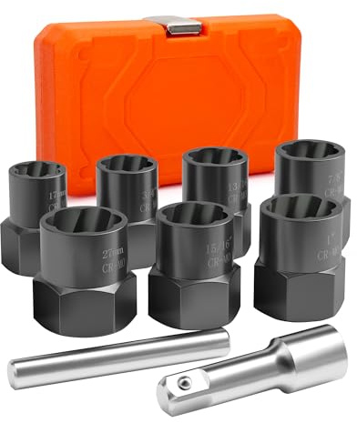 RUNEVER Lot de 9 extracteurs de boulons très résistants - Outil de retrait d'écrous de roue de 1,27 cm - Grande taille 17-27 mm pour enlever les écrous rayés, endommagés, arrondis et rouillés