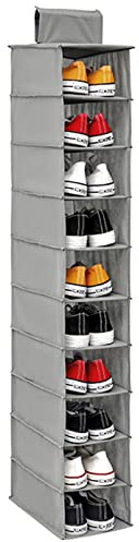 Hanging Shoe Organizer 10-Shelf Shoes Storage for Wardrobe Non-woven Collapsible Hanging Shoe Rack Slim Wardrobe Shoe Storage Organiser Foldable Space Saving Shelf Clothes Handbag Hat Organizer(1pack)