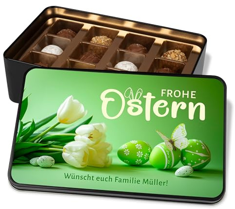 True Statements personalisierte Pralinendose zu Ostern - Dein Ostergeschenk „Frohe Ostern“ - Ostergeschenke Ostereier & Tulpen -Geschenkdose mit 12 Confiserie-Pralinen
