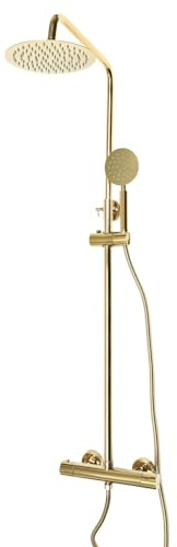 Goldene Duschsäule, Messing, Retro, mit Mischbatterie, Wasserhahn, Edelstahl, Gold, Duschsystem, Mischbatterie, Duscharmatur, Thermostat, Wand-Dusch-Set, höhenverstellbar, Dusche Komplett, Duschset