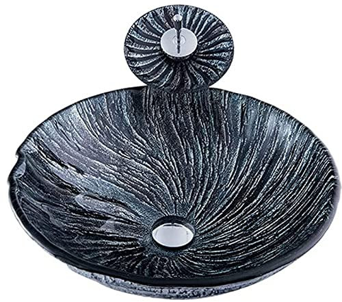 sjdoPulse Tempered Glass Washbasin, Art Tempered Glass Washbasin Washbasin Set, Countertop Sink with Chrome Faucet (B)