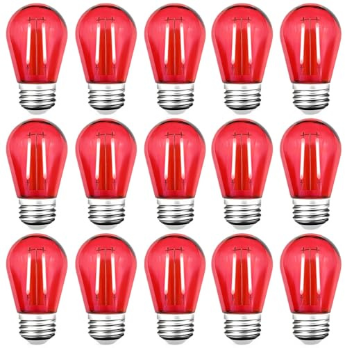 GUILEDUO 15 Pack S14 LED Red String Light Bulbs, Shatterproof 2 Watt Replacement Bulbs for Outdoor String Light, Waterproof Decorative E26 Base Red Filament Edison Christmas Light Bulbs, 120V