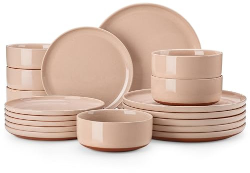 MALACASA Steingut Geschirrset 6 Personen, 18-tlg Tafelservice mit reaktiver Glasur für warme Töne mit je 6 Speiseteller, Dessertteller & Pastaschalen, Rosa mit braunen Untertönen, Serie TARA
