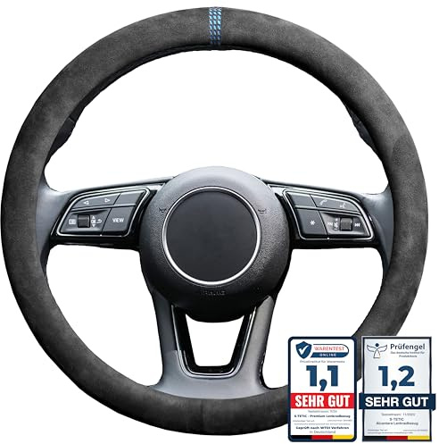 S-TETIC® Premium Lenkradbezug aus Alcantara | Racing Blue Edition | Universalgröße 36-38 cm | Lenkradcover | für Sommer und Winter
