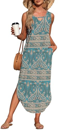 AUSELILY Damen Sommer Maxikleid Ärmellos Freizeit Locker Strandkleid mit Taschen Boho Blumengrün M