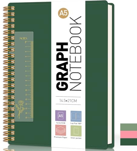 PYNEX Collegeblock Notizbuch A5 Kariert, Spiralblock Notizbücher, Checkered block, 100gsm mit 150 Blatt / 300 Seiten Zeichnen, Büro, College, Forscher, Geschäftsleute, 14.5 x 21cm - Dunkelgrün