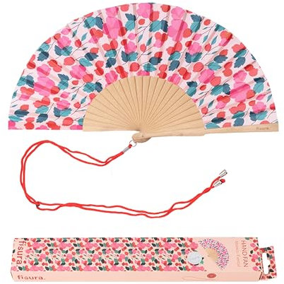 FISURA – Originaler Holzfächer mit Mohnblumenmuster. Stilvolles, buntes Accessoire, rosa-roter Handfächer mit Aufhänger. Perfekt für heiße Sommertage. Maße: 42,5 x 23 cm