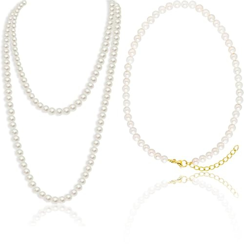 2 Stück 150 Cm und 41cm White Perlenkette Damen 8mm Perlenkette Lang Herren 6mm,Halskette Pearl Necklace für Mädchen Hochzeit Abendessen,Dating Geburtstagsfeier Karnevalsparty