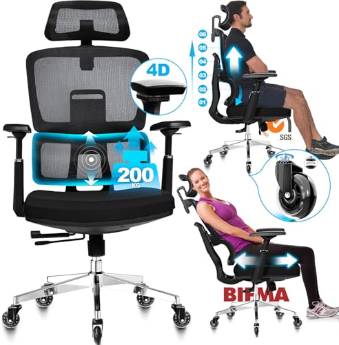 MELOKEA Bürostuhl 200KG, Leise Gummirollen, 4D-Armlehnen, 6P Verstellbare Rückenlehne, Sitztiefe Verstellbar, Ergonomischer Testsieger, Schreibtischstuhl Bürosessel für große Menschen, Upgrade-Version