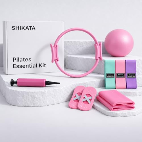 SHIKATA - Premium Home Pilates Essential Kit, 7 Piece with Pilates Ring, Small Yoga Ball, Non Slip Yoga Grip Socks & Fabric Resistance Bands Set with Pump & Workout Manual NEW Added Band for 2026!