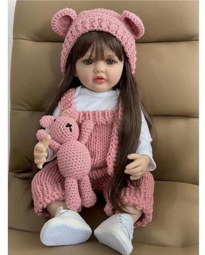 TKYFOYS Bambole Reborn 55 cm Corpo Intero in Silicone Vestito Rosa Lavorato a Maglia Capelli Lunghi Castani, Regalo di Natale Bambola Originali Reborn