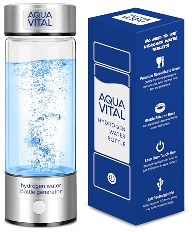 Aqua Vital Hydrogen Water Bottle 2026 Generator 16 oz/470 ml SPE-PEM Ionized H₂ Hydration Bottle USB-C Rechargeable Glass Flask with Auto Shut-Off Portable Sports & Travel Hydrogenated Water Machine