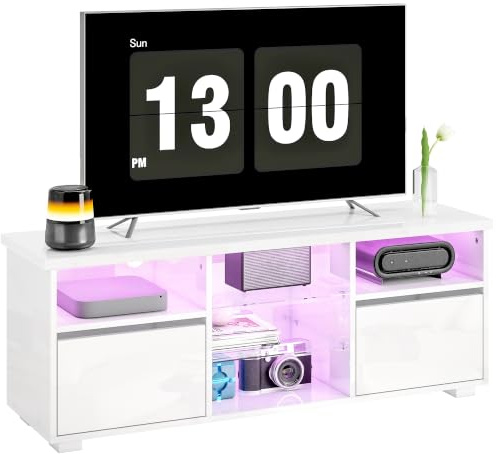 HOMCOM Meuble TV 120 cm Meuble Télé LED TV pour Téléviseur 55 Pouces Blanc | Télécommande, Étagères en Verre Réglables, Compartiments Ouverts, Passe-Câbles