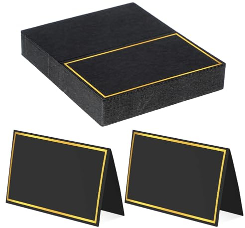 LIQWEI 50Pcs Place Cards, Table Name Cards with Gold Foil, Place Card for Table Setting Food Labels for Party Buffet, Wedding Places Card Tent Carded for Dinner Parties,Events, Bridal Shower(Black)