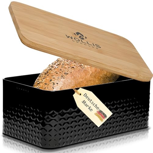 Generisch WOLLIS ORDNUNG Brotkasten I Brotbox aus Metall mit Leinenbeutel I hochwertiger stabiler Bambusdeckel verwendbar als Schneidebrett I 33x19x13cm (Schwarz)