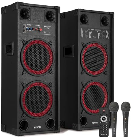 Fenton SPK-210 Bluetooth Karaoke Speaker System with Two Wired Microphones, 1200W Portable 2x10 Inch Active Adults Karaoke Machine, Party Speakers Set for Home Entertainment & DJ Events