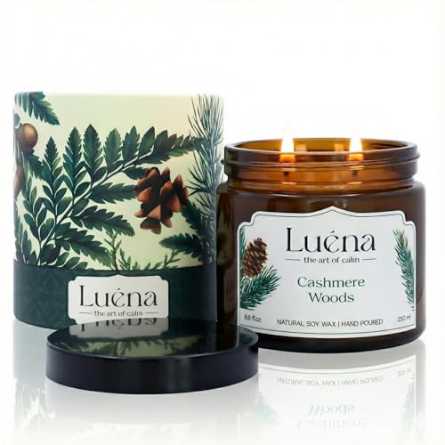 Luéna - Cashmere Woods | Premium Soja-Duftkerze 250 ml | Natürlicher Sojawachs | 55 Std. Brenndauer