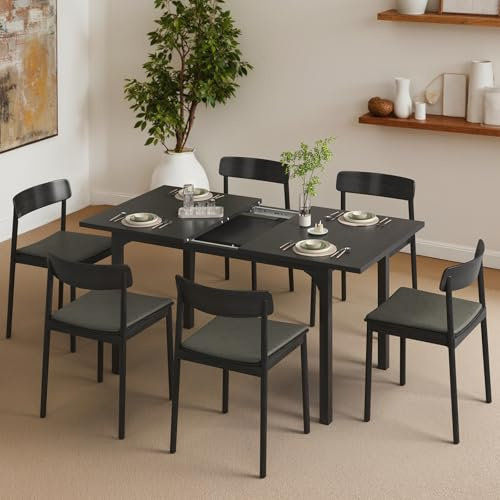 AYEASY Extendable Dining Table, Rectangle Kitchen Table for 4-8 People, Modern Wooden Dinner Table with Strong Metal Legs, Space Saving Expandable Dining Room Table for Restaurant, Conference, Black