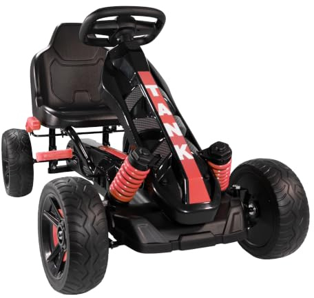 Lemodo Go Kart Tretfahrzeug rot – Kinderfahrzeug mit Handbremse und Deko-Stoßdämpfer, Tretauto für Kinder ab 3 Jahre, GoKart Pedalfahrzeug, Outdoor-Fahrzeug mit Pedalantrieb, Fahrzeug mit Pedalen