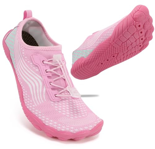 ZHR Water Shoes Mens Womens Lightweight Beach Shoe Barefoot Trainers Quick Dry Wet Aqua Footwear for Sea Pool Swim Diving Surf Pink Teal UK 5.5