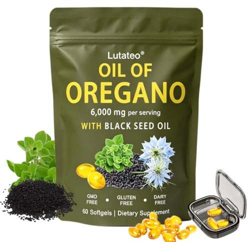 Oil of Oregano Softgels, Oregano & Black Seed Oil Capsules, 2 in 1 6000mg Oil of Oregano with Black Seed Oil 200mg, 60 Softgels, Gentle Daily Support, Gluten Free