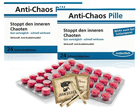 Lustige Pillen Anti-Chaos Pille 2er Set, als Geburtstagsgeschenk. Spaß, Anti Stress, gute Laune, Junggesellenabschied Mann und Frau. mit John Silver® Orakelsprüchen