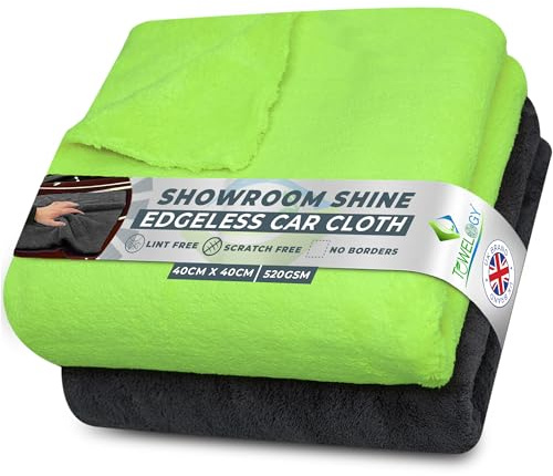 Towelogy® 520gsm Professional Microfibre Edgeless Car Cloths QUICK DRY for Auto/Moto Detailing Polishing Washing STREAK FREE & LINT FREE 40x40cm (Grey/Neon Green, Pack Of 2)