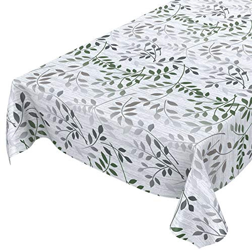 Wachstuchtischdecke abwaschbar Garten Tischdecke Wachstuch Rund Oval Eckig Indoor Outdoor Blätter Silber Grün 180x140cm