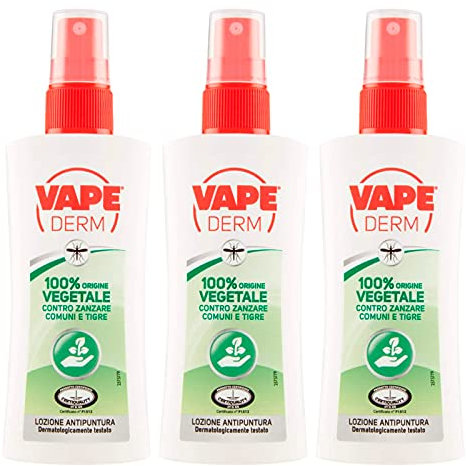 3x Vape Derm 100% Origine Vegetale Lozione Anti Puntura Repellente contro Zanzare Comuni e Tigre Presidio Medico Chirurgico Dermatologicamente Testato - 3 Spray da 100ml ognuno