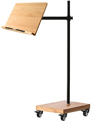 Wishacc Buchständer zum Lesen, rollender Rednerständer mit Rädern, Bambus und stabile Metallkonstruktion, höhenverstellbar, 180 Grad schwenkbar (39,1 x 27,9 cm)