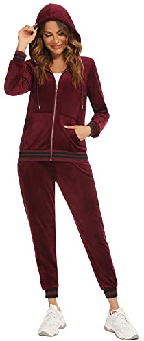 Enjyam Damträningsdress i velour, mysig Nicki-hemmadress, tvådelad joggingdress i mjuk sammet med ribbad jacka med dragkedja och byxor med ficka, Vinröd, M