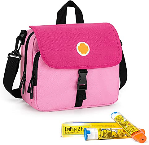 CURMIO Sac pour Epipen, Sacoche Isotherme Medicament Voyage, Rose | Plusieurs Compartiments, Bretelles Amovibles, pour Fournitures Diabète/ Adrénaline/Insuline / Kit Allergie, Sac Vide