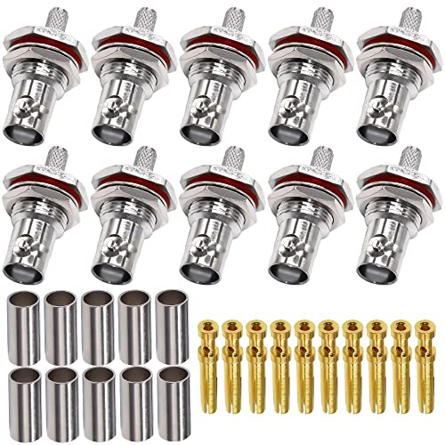 TUOLNK BNC Female Crimp Connector BNC Female Bulkhead Jack Mount Connector Waterproof 10 Pack for RG58 RG142 Coaxial Cable