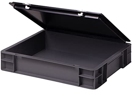 Stabil professionell förvaringslåda, stapellåda, eurolåda, stapellåda med lock, plastlåda, finns i 5 färger och 21 storlekar för industri, affärer, hushåll (grå, 40 x 30 x 8 cm)