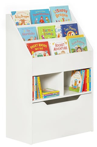 HOMCOM Estantería Infantil de Madera con 3 Compartimentos 2 Cubos y Cajón Móvil con 4 Ruedas Librería Infantil para Habitación de Niños Sala de Juegos 60x29,9x90 cm Blanco