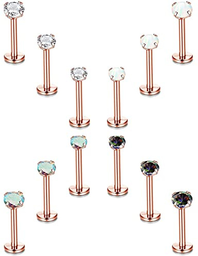 Milacolato 12Pcs 16G Helix Tragus Ohrstecker für Damen 316L Edelstahl Labret Lippen Stud Innengewinde Knorpel Gepflastert Klar CZ Opal Flache Rückseite Ohrringe Monroe Piercing Schmuck Set RG6mm