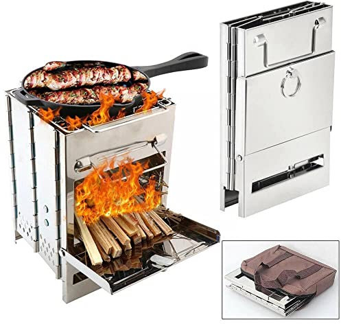 PBTMCD Wood Burning Camping Stoves, Stainless Steel Portable Folding Windproof Stove Barbecue Charcoal Grills, Outdoor Cooking Backpacking Stove BBQ Grill Picnic Hobo Cooker,Standard