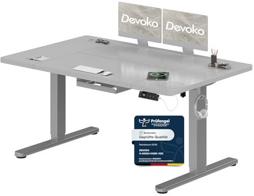 Devoko Höhenverstellbarer Schreibtisch 140x80cm mit Typ-C Ladeanschluss, Schreibtisch Höhenverstellbar Elektrisch, Mobiler Elektrisch Computertisch mit Kabel Management Tray, Grau