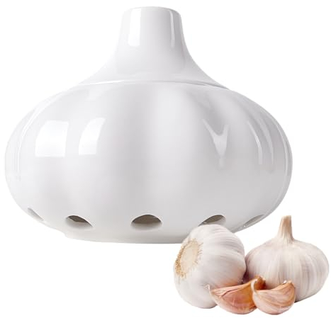 Acaino Knoblauchtopf aus Keramik, Knoblauch-Aufbewahrung mit Deckel und belüftungslöchern, Knoblauchbehälter für Küchentheke Dekor (weiß)