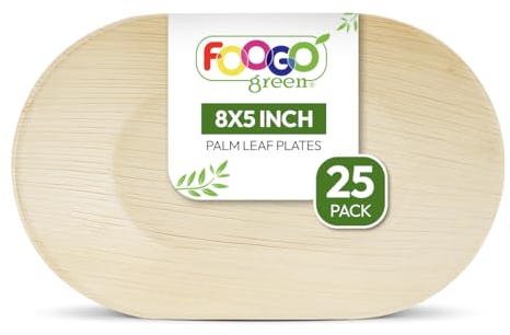 FOOGO Green 25 Plateaux de Service Jetables Feuille de Palmier, Petit 20x12.5 cm, Pizza, Entrées, Canapés, Planche Charcuterie, Robuste et Ecologique Comme Plateaux en Bois pour Plats Chauds