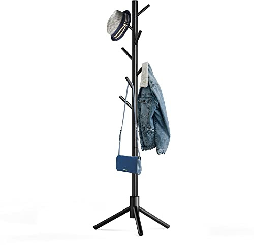 Hupmad Wooden Tree Coat Rack Stand,Sturdy Freestanding Coat Rack with 8 Hooks,3 Adjustable Height for Child Adult,Wood Coat Stand Tree Fits Entryway Bedroom Office for Bags,Hats