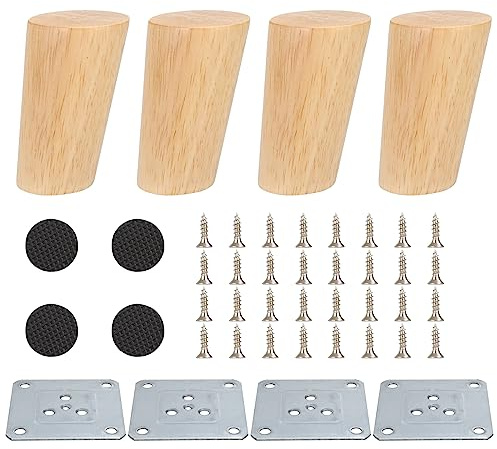 4 Stück Möbelfüße Holz Schräg 8cm Konisch Massivholz Ersatz Tischbeine Schrank mit Montageplatten und Schrauben und Filzgleiter