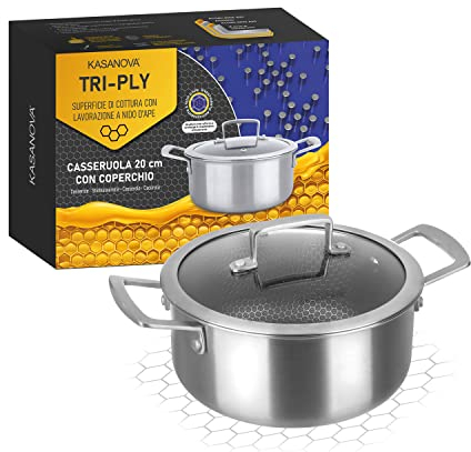KASANOVA casseruola antiaderente induzione Tri-ply, casseruola con coperchio in vetro, rivestimento antiaderente indistruttibile a 3 strati (Casseruola 20 cm)