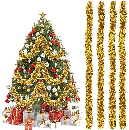 4X Lametta Girlande Gold – 8m (4x2m) XXL Dichte. Breite Weihnachtsbaum Girlan-de (9cm) für Vollen Look. Weiche Christbaum Girlan-de Deko, Drahtverstärkt, Zuschneidbar & Leicht