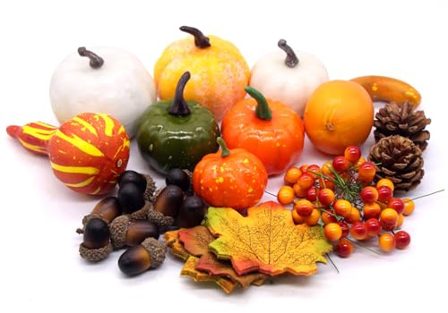 Horuili® 120 Piezas Decoración Calabaza Artificial, Calabaza de Otoño Decoración, Calabaza Hojas de Arce Piñas Bellotas Deco, Decoración para Acción de Gracias, Halloween y Navidad, Boda Otoño, Hogar