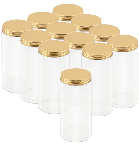LEXININ 12 Pack 500ml Clear Plastic Spice Jars with Gold Lids, Wide Mouth Storage Storage Jar, Empty Plastic Storage Containers for Food, Spices