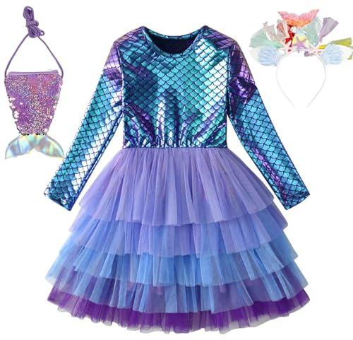 Sirena Costume,Sirena Principessa Arielle Abito a Maniche Lunghe con Copricapo e Borsa,Arielle Sirena Costume Halloween Carnival Cosplay Party Adatto dai 15 anni in su
