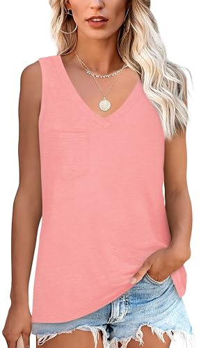 NONSAR Maglietta senza maniche da donna, basic estiva, elastica, con scollo a V, casual, con tasca, comoda